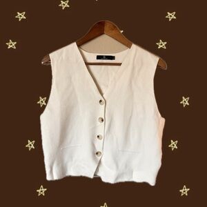Knit Button-Up Cropped Vest - Cream Off White